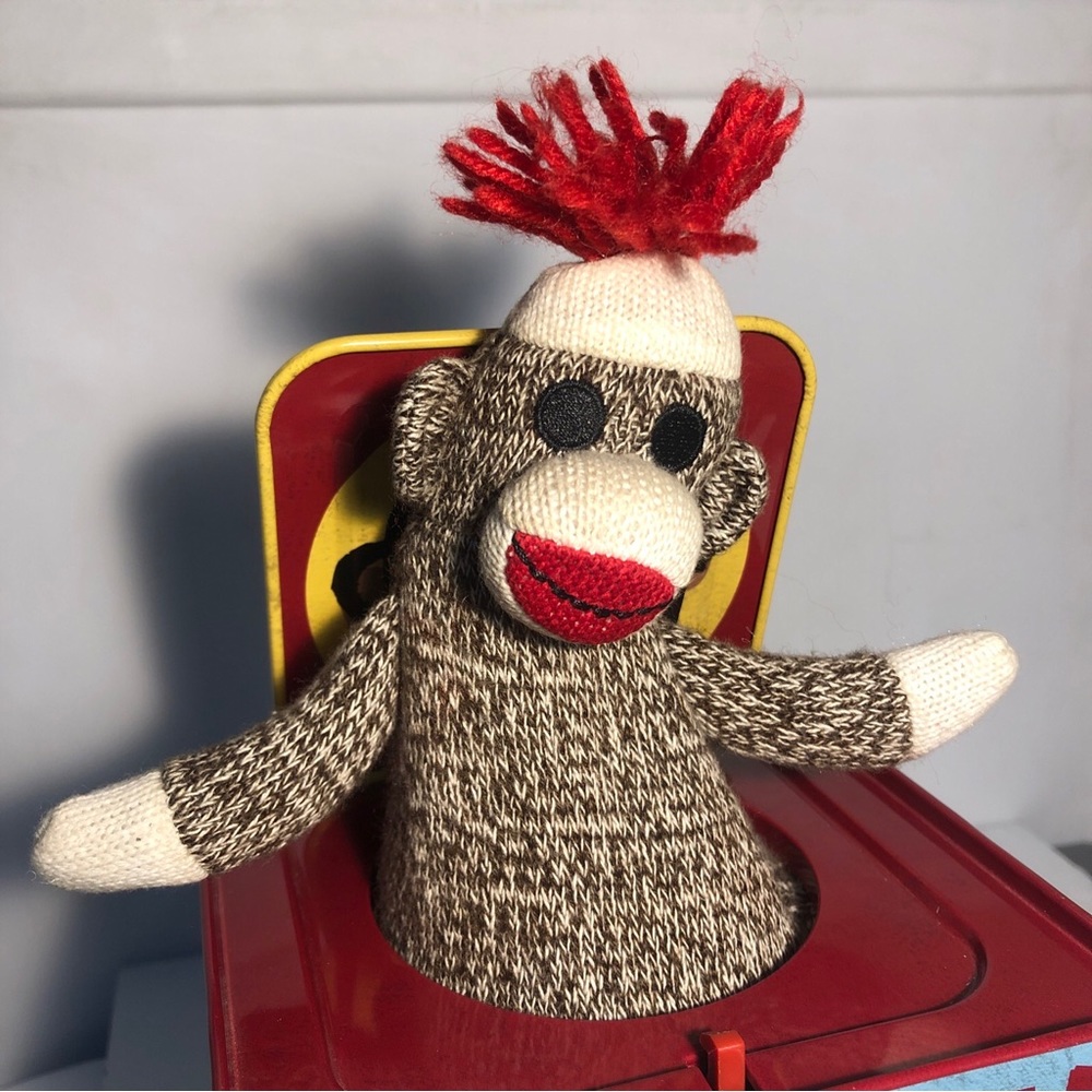 Sock Monkey Jack in the Box Schylling Windup Tin Toy Musical Plush - Picture 6 of 7